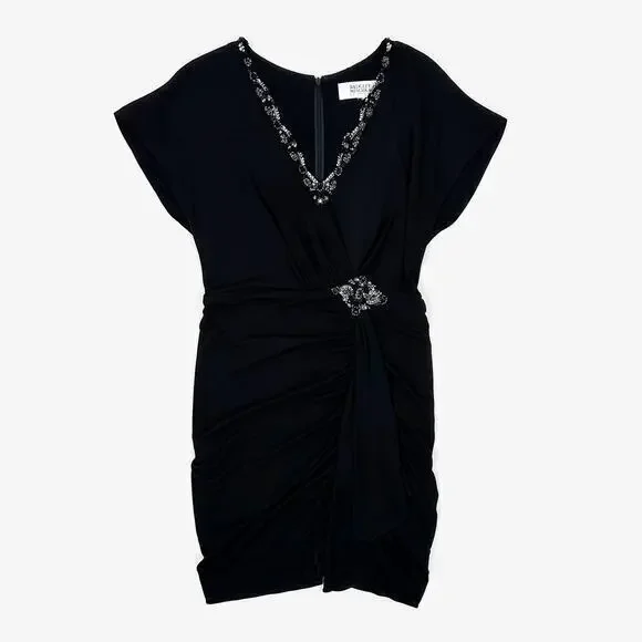 Badgley Mischka Draped Mini Dress Size L Black Embellished Glam Cocktail Holiday - Picture 1 of 2